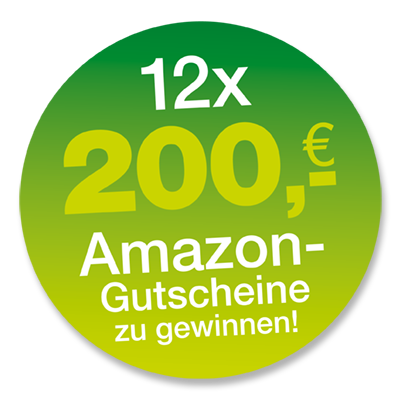 Runder Kreis mit Text: 12x 200€ Amazon-Gutscheine zu gewinnen